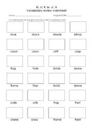 English Worksheet: bl, br, cl, cr, fl, fr vocabulary