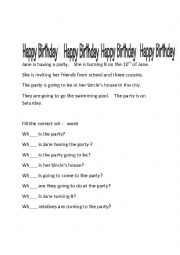 English Worksheet: Birthday Party for Jane