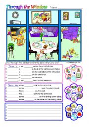 English Worksheet: Through the Window in colour and greyscale with key