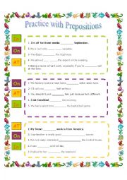 English Worksheet: Practice with prepositions (Answer key is included)