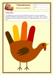 English Worksheet: Turkey Hand Thanksgiving Activity