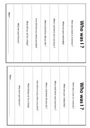English Worksheet: The WHO WAS I ? game