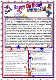 English Worksheet: July 4th_ Happy Birthday America