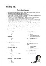 English Worksheet: Reading Comprehension Test. Facts about Penguins