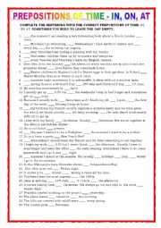 English Worksheet: PREPOSITIONS OF TIME - in on at - fill sentences 