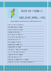 English Worksheet: Want to + verb(infinitive)/// Like + verb  ing(gerund)