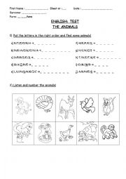 English Worksheet: Animals Written test