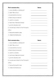 English worksheet: Find someone who.... School Days