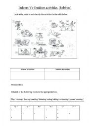 English Worksheet: Indoors Vs Outdoor activities (hobbies)