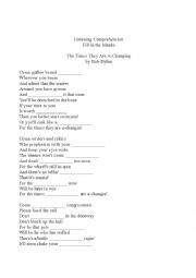 English worksheet: Listening Comprehension - Fill in the Blanks Lyrics 