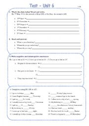 English Worksheet: simple present, prepositions of time, ordinal numbers test