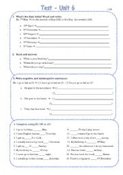 simple present, prepositions of time, ordinal numbers test