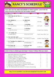 English Worksheet: Listening Nancys Schedule (Simple Present Tense) Script Included