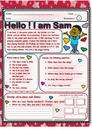 English Worksheet: Hello! I am Sam.