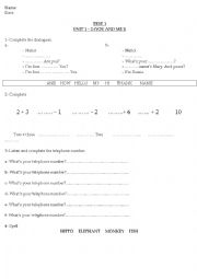 English worksheet: dialogues and numbers
