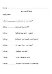 English Worksheet: much and many