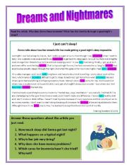 English Worksheet: Dreams and Nightmares: Sleeping Reading Comprehension