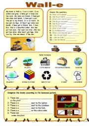 English Worksheet: Wall-e Worksheet (Reading comprehension + prepositions + there is/are)