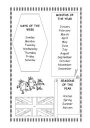 English Worksheet: Days of the Week, Months, Seasons, Time and Numbers