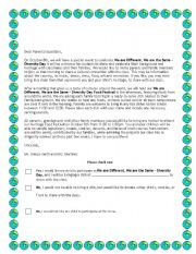 English Worksheet: Diversity Day Parent Letter