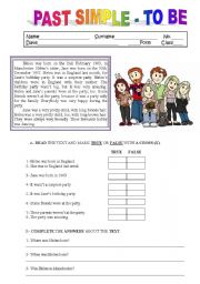English Worksheet: READING/ COMPREHENSION  PAST SIMPLE - TO BE