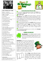 English Worksheet: St. Patricks Day worksheet 2 pages: with SONG, READING and WORDSEARCH --> KEY INCLUDED!!!!