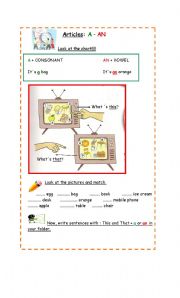 English worksheet: Articles : A and An + Demonstrative pronouns