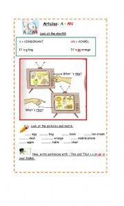 English Worksheet: Articles : A and An + Demonstrative pronouns