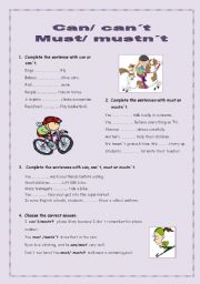English Worksheet: Can, cant or must, mustnt