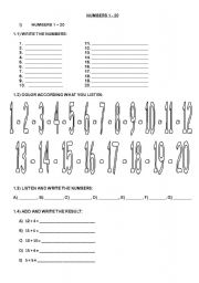 English Worksheet: Numbers 1 - 20 for kids and adults