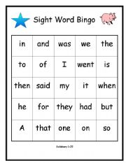 English worksheet: Bingo - Salisbury Sight Words 1-25