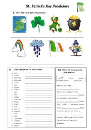English Worksheet: St. Patricks Day Vocabulary exercises --> WITH KEY!!!! UPDATED VERSION!!!
