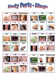 English Worksheet: Body Parts Bingo - 24 different cards WITH body parts names