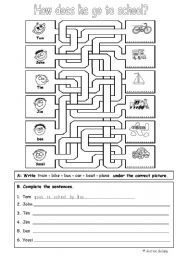 English Worksheet: How does he go to school? (Transportation)