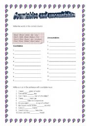 English Worksheet: Countables and uncountables