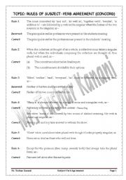 English Worksheet: Subject verb agreement (Rules + Exercises)