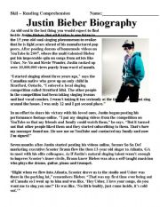 English Worksheet: justin bieber reading comprehension 