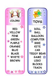 English Worksheet: BOOKMARK - COLORS AND TOYS