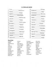 English worksheet: US States and Capitals