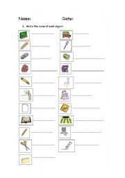 English worksheet: Classroom objects and preprositions of place