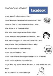 English Worksheet: Conversation class about facebook