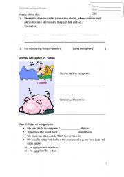 English Worksheet: personification, similie, metaphor, short poem writing