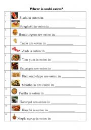 English Worksheet: Where is Sushi Eaten? world foods & passive form practise sheet