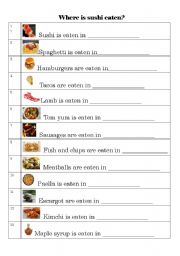 English worksheet: Where is Sushi Eaten? world foods & passive form practise sheet