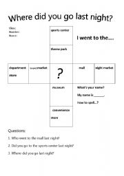 English Worksheet: Where did you go Bingo 
