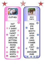 English Worksheet: BOOKMARKS - CLOTHES AND BODY PARTS