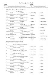 English Worksheet: Past Tense and Question Words