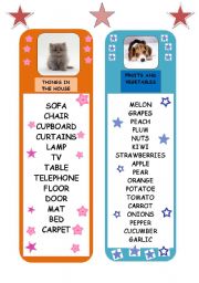 English Worksheet: BOOKMARKS - Things in the house , fruits and vegetables