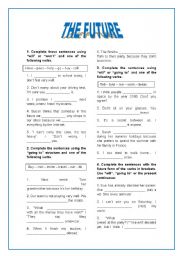 A COMPLETE FUTURE WORKSHEET!!! (WILL, GOING TO, PRESENT CONTINUOUS, FUTURE CONTINUOUS AND FUTURE PERFECT) + KEY!