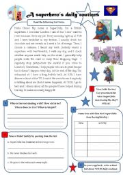 English Worksheet: A superheros daily routines - reading/writing/speaking